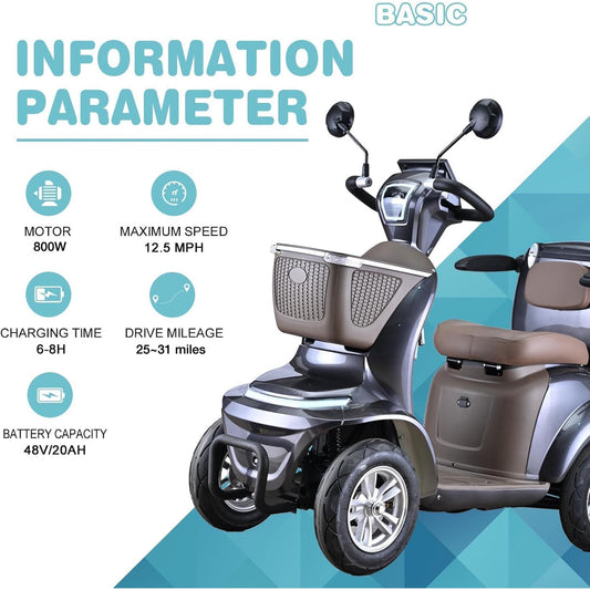 4 Wheel Electric Powered Mobility Scooter Wheelchair for Adults  Seniors  Pre Assembled in USA, 500lbs Capacity, 25 31 Miles Range, 3 Speed Up to 15 MPH, 800W Motor Power (Brown)