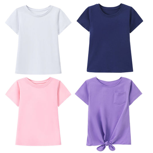 HILEELANG Little Girl Short Sleeve Tees Summer Easter Purple Bowknot Blue Pink Navy Girl Cotton Tops Shirts 4 Packs Size 6