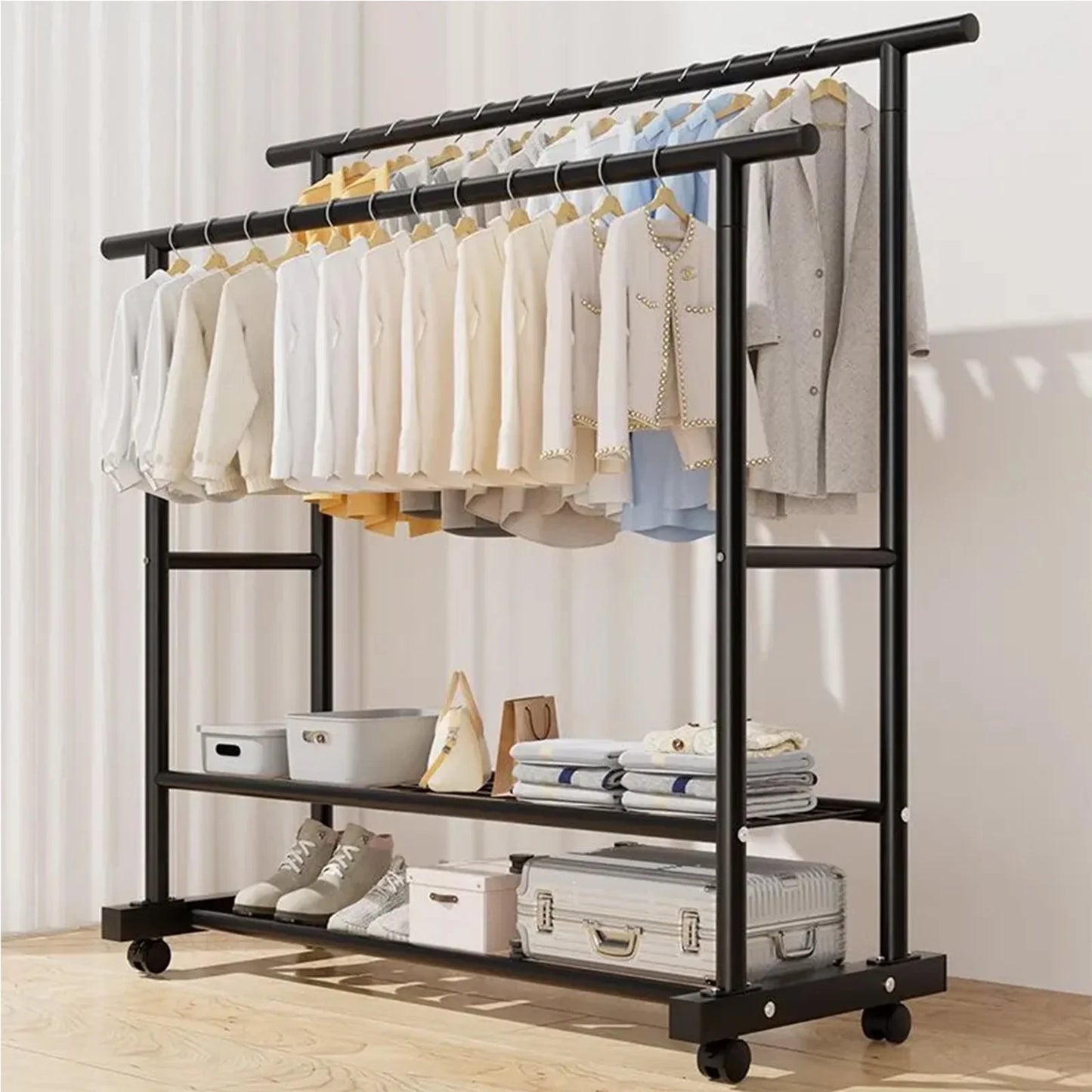 SUSUZI Double Rods Garment Rack with Wheels, Freestanding Clothing Rack for Hanging Clothes
