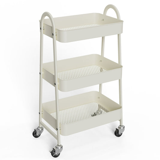 edx 3 Tier Rolling Cart, Metal Utility Cart Storage Organizer with Lockable Casters, Multi-Functional Mesh Rolling Storage Cart for Kitchen Office, White