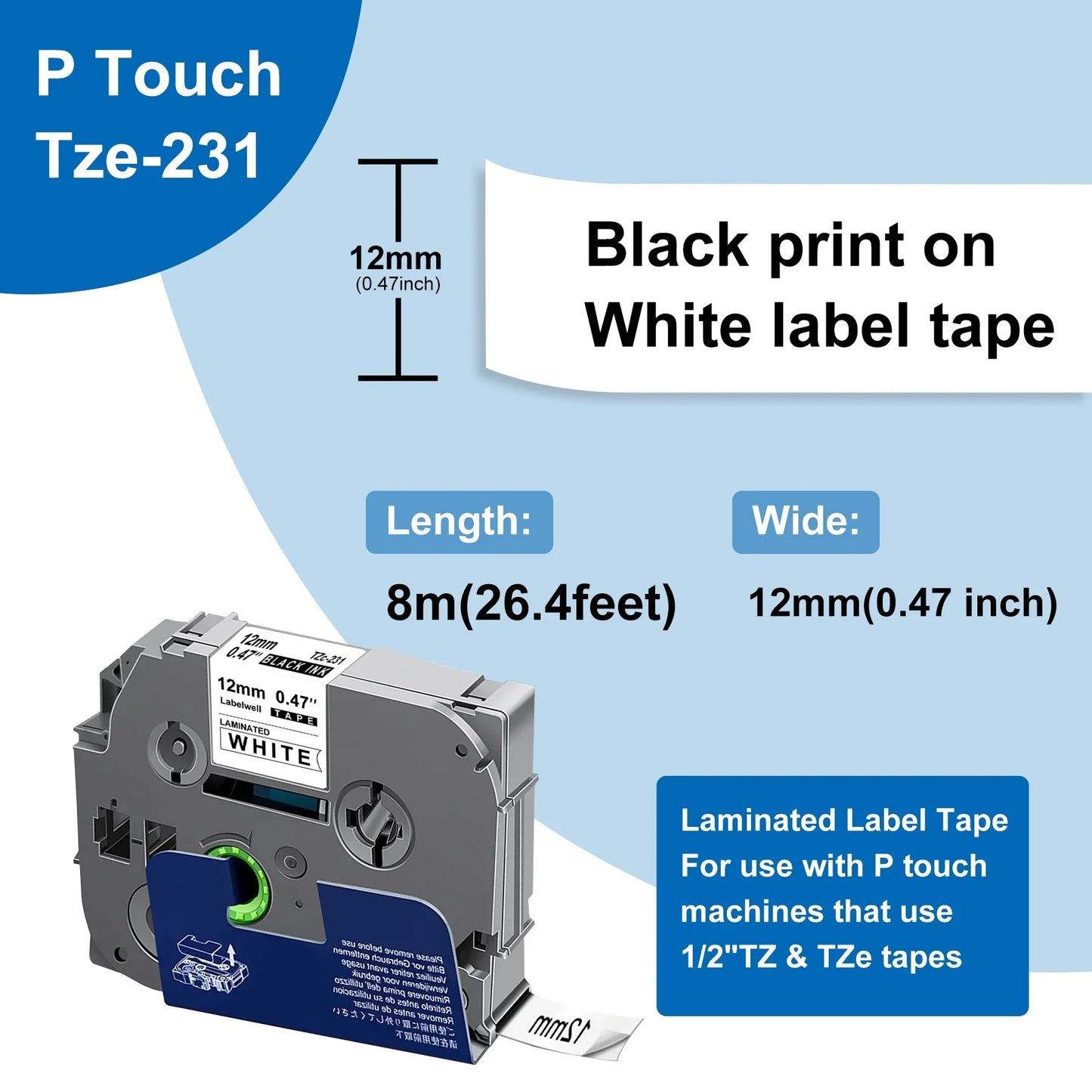 5-Pack 231 Label Maker Tape for Brother P Touch TZe231 Tape Label Tape 12mm 0.47 Inch Laminated White Label Maker Tape TZe-231 for P Touch PT-D210 PTH110 PT-D220 PTD600, 26.2 Feet