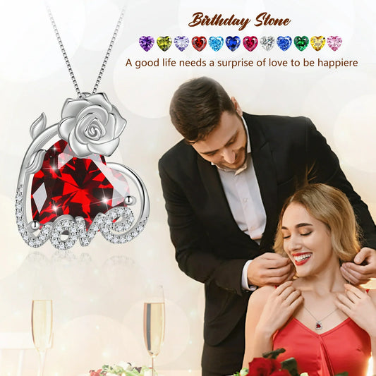 Juwaliy 15MM Women Rose Heart Necklace July Birthstone 925 Sterling Silver Flower Love Jewelry Pendant Red Ruby Mother Birthday Valentine's Day Gift