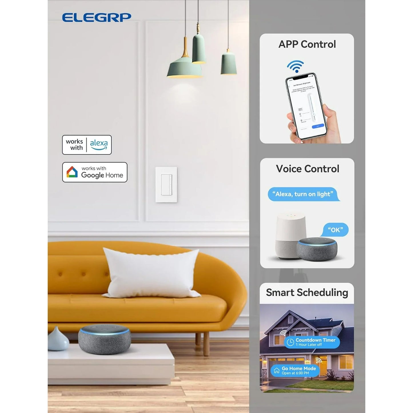 ELEGRP Smart Dimmer Light Switch Single Pole, 2.4GHz Wi-Fi Dimmer Switch Compatible with Alexa and Google Assistant, Needs Neutral Wire, No Hub Required, UL and FCC Listed, White, 1 PC