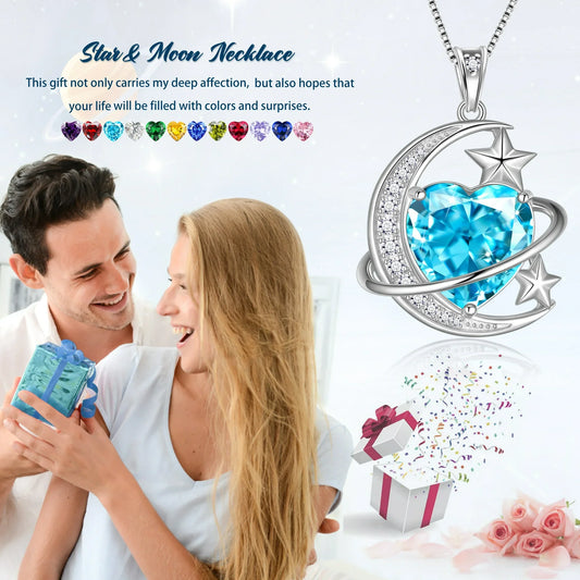 Juwaliy 13MM Women Moon Stars Necklace Heart September Birthstone 925 Sterling Silver Pendant Blue Sapphire Jewelry Birthday Mother's Day Gift