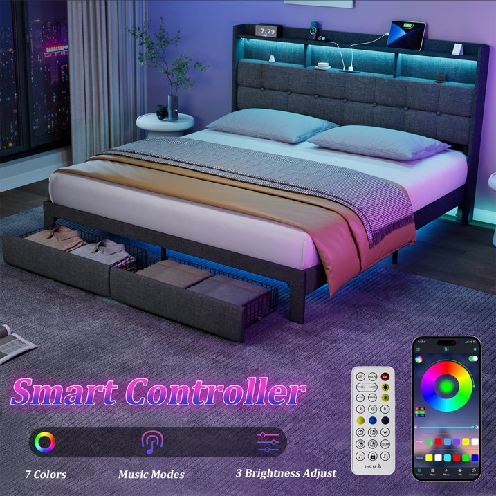 HSUNNS King Size Bed Frame with LED, Linen Upholstered King Bed with 2 Drawers, Storage Headboard and Charging Station, Platform Bed Frame, No Box Spring Needed, Easy Assembly, Dark Gray