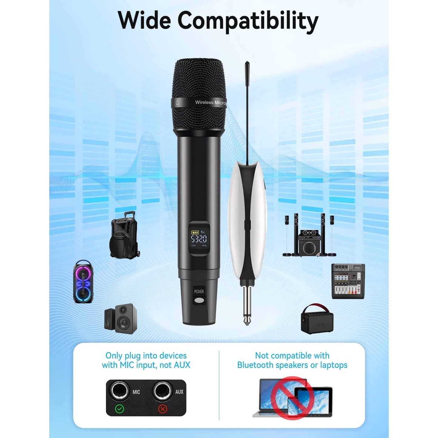 Fixdono Wireless Microphones, Metal Dynamic Microphone System with Rechargeable Receiver for Karaoke Singing, Wedding, DJ, Party, Speech, Church, Class, 240ft