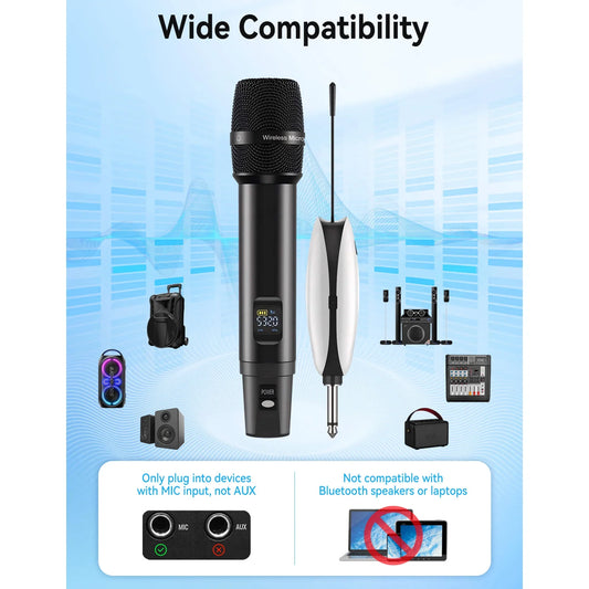 Fixdono Wireless Microphones, Metal Dynamic Microphone System with Rechargeable Receiver for Karaoke Singing, Wedding, DJ, Party, Speech, Church, Class, 240ft