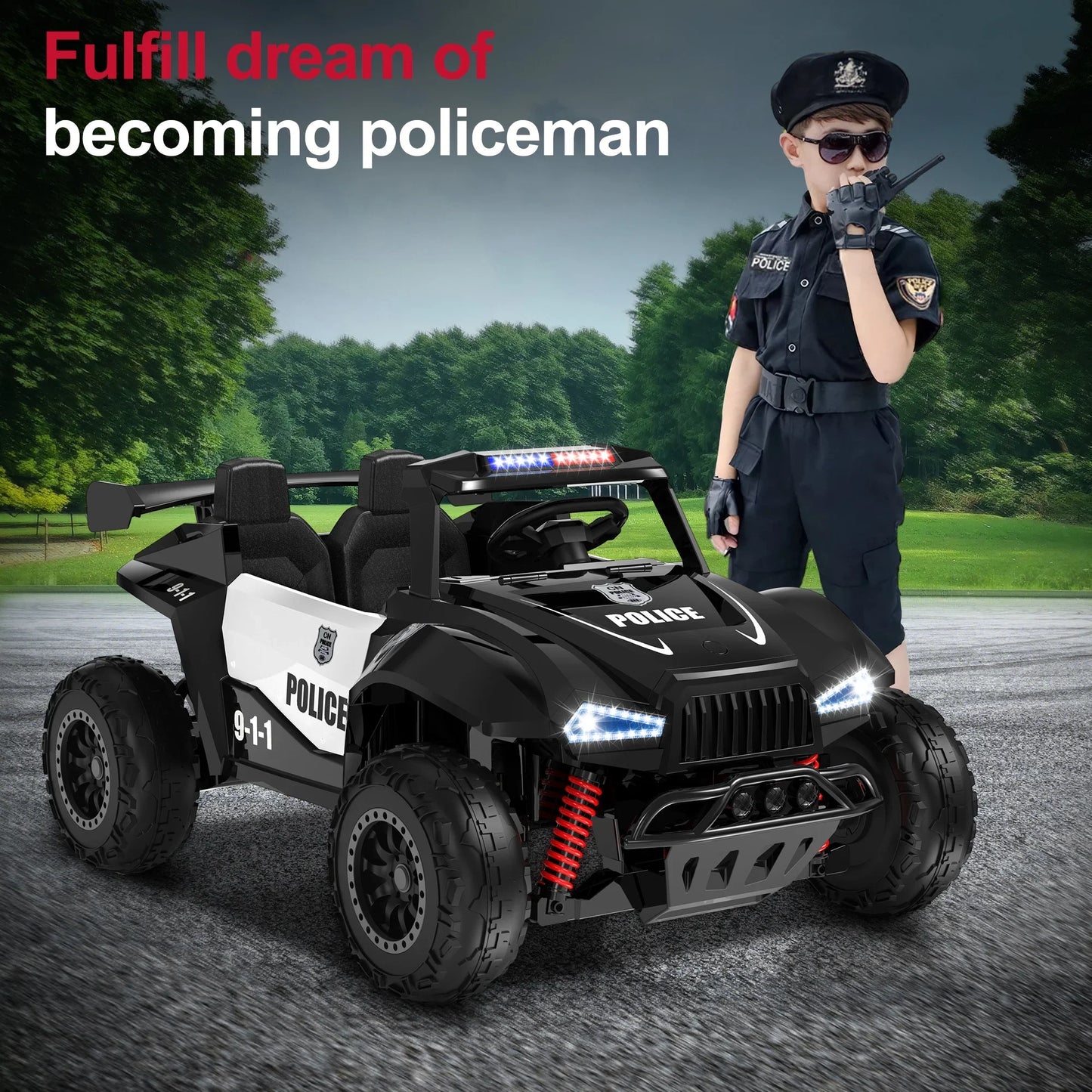 24V 2-Seater Ride On Police Pickup, 4WD/2WD Switchable Kids UTV, 800W Motors W/Remote Control, 3 Speeds, Electric Truck Car Toy Gifts for Kids with Megaphone, Alarm Lights, MP3, 2 Safety Belts, Black