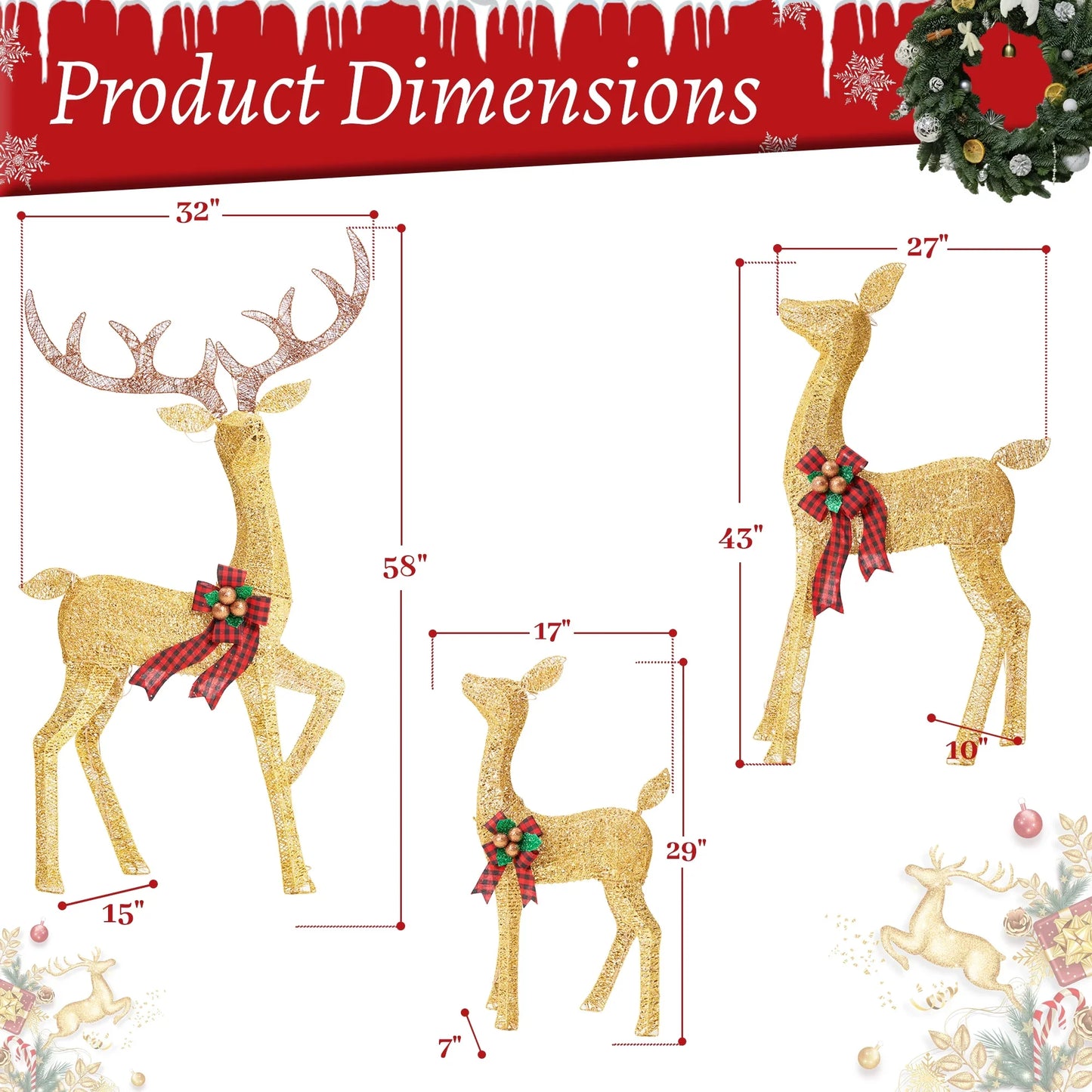 FOOWIN 3 Piece Large Christmas Deer Family, Lighted Outdoor Decoration, Gold