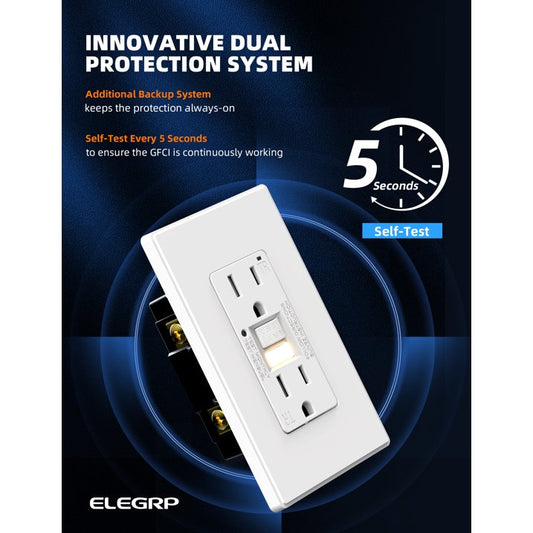 ELEGRP GFCI Outlet 15 Amp, Self-Test GFCI Electrical Outlet with Thinner Design, Wall Plate included, UL Listed, White 3PC