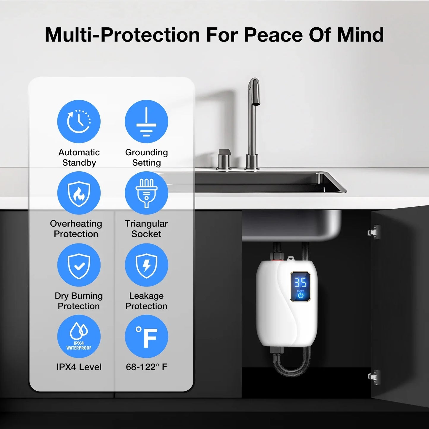 Electric Tankless Water Heater 3.0KW 110V Instant Hot On Demand Residential Electric Water Heater for Kitchen rv Whole House Shower Sink Small