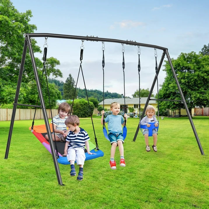 KloKick 440lbs Outdoor Swing Set for Kids  Includes Toddler Swing, Belt Swing, and Platform Swing, Metal Frame for Backyard Play