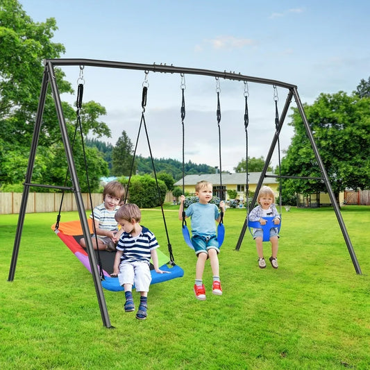 KloKick 440lbs Outdoor Swing Set for Kids  Includes Toddler Swing, Belt Swing, and Platform Swing, Metal Frame for Backyard Play