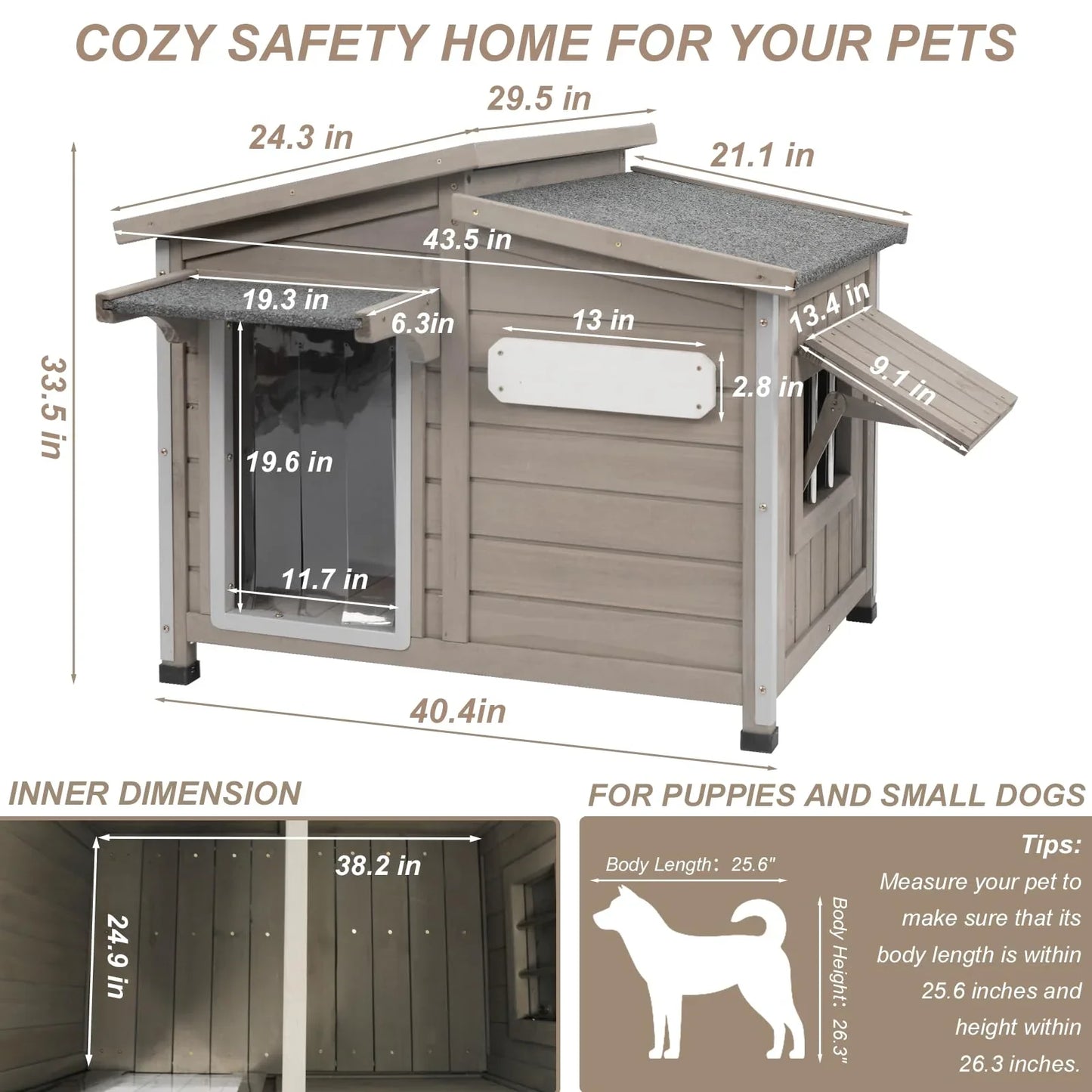 PETSCOSSET Dog House Outdoor Weatherproof Large Wooden Dog Kennel Indoor with Chew-Proof Iron Frame for Medium Dogs