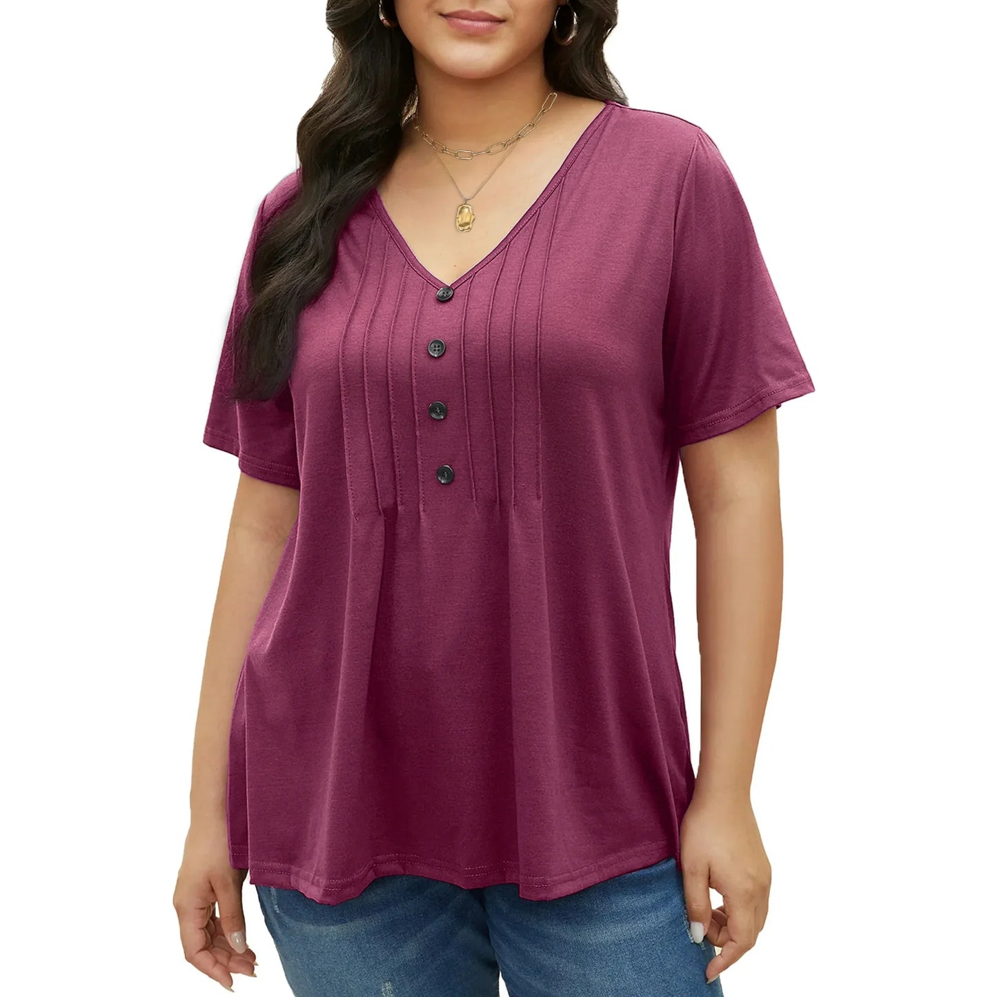 Fantaslook Plus Size Blouses for Women Pleated Button Short Sleeve Shirts Casual V Neck Tunic Tops