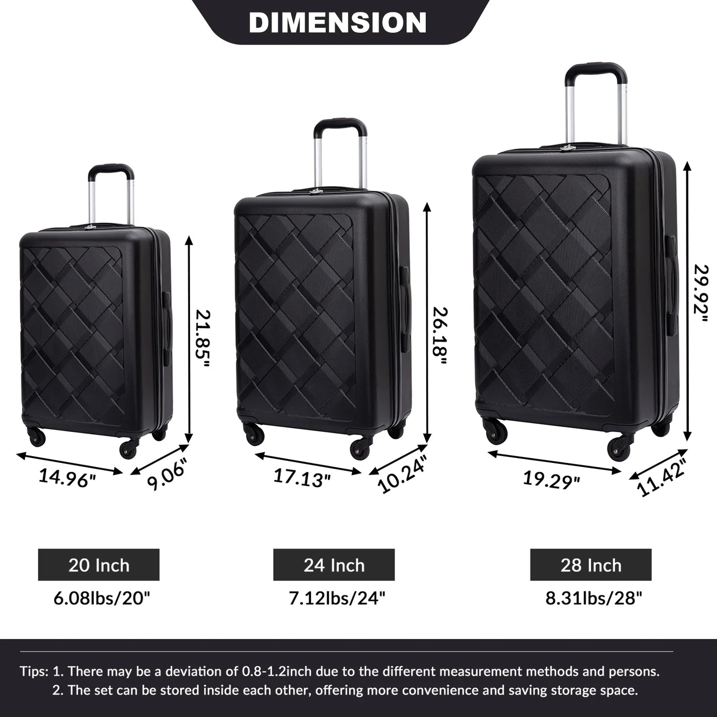 Amalodie 3 Piece Luggage Sets,ABS Hardside Suitcase,Carry On Luggage with Lightweight Durable Spinner Wheels,Black