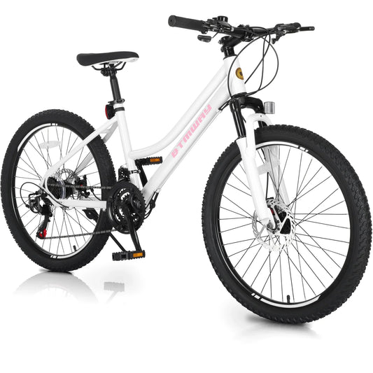 iYofe Kids Mountain Bikes, 24 inch Girls Bikes with Dual Disc Brake, 21 Speed Mountain Bike w/ Front Spring Shock, Bike for Girls Youth Teen Women Ages 9-14, Bicycle with Adjutable Seat Height, White