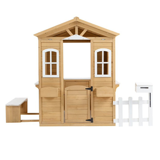 iYofe Outdoor Playhouse, Wooden Kids Playhouse with Working Door, Windows, Mailbox, Bench, Flowers Pot Holder, Toddler Playhouse for Kids Outdoor Indoor Playset for Kids 3-6 Years Old, Natural