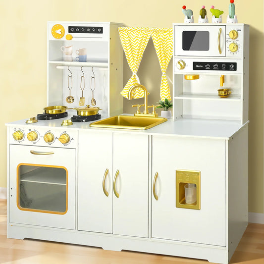 iYofe Play Kitchen, Kids Kitchen Playset with Rich Play Features and Large Operation Area, Wooden Pretend Play Toy Kitchen Set for Toddlers w/Real Sounds, Curtain, 18 Accessories, Gift for 3-6, White