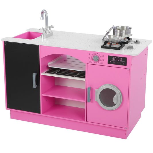 iYofe Pretend Play Kitchen for Kids Toddlers, Wood Kids Kitchen Playset with Microwave, Oven, Ice Maker, Washer, Toy Kitchen Set or Girls & Boys, Gift for Ages 3+, Pink