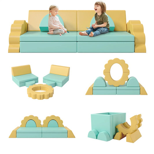 10PCS Modular Kids Play Couch for Playroom, Convertible Toddler Sofa with Foam Climbing Blocks, Non-Slip Design, Indoor Creative Play Set for Crawling, Fort Building & Safe Play, Mint Green